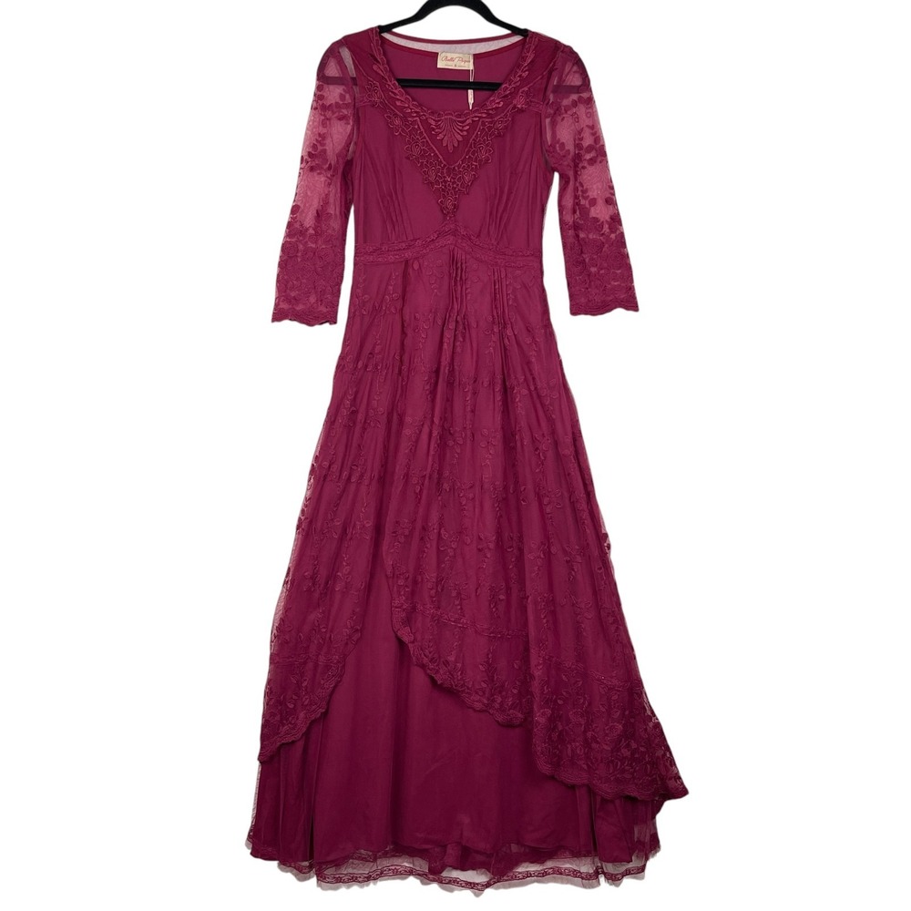 Belle Poque Women's Maxi Dress Small Burgundy Floral Mesh Lace Overlay Victorian
